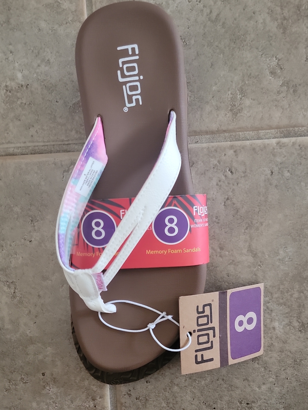 Flojos White W/tie dye  Brown Memory Foam Flip Flops Size 8